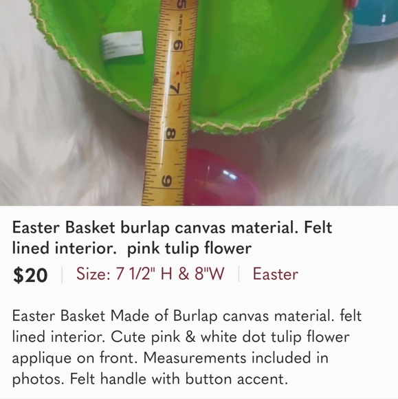 Lime Easter Basket with Pink Flower Apilque-Burlap Canvas Material - Picture 9 of 9